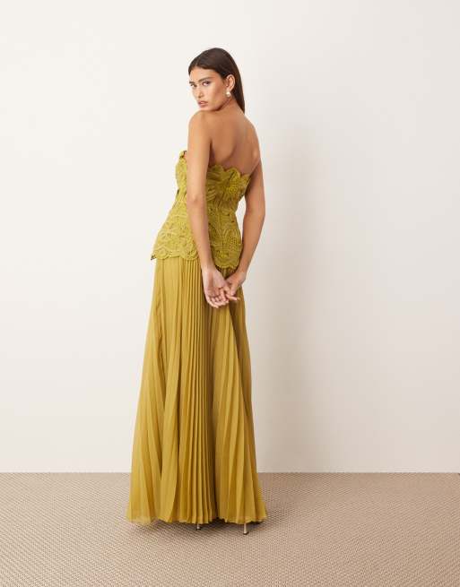 ARRANGE abstract cutwork bandeau maxi dress with pleated skirt in olive green
