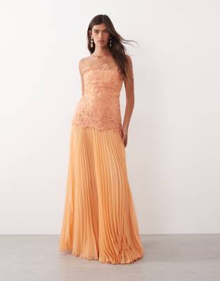 ARRANGE abstract cutwork strapless maxi dress with pleated skirt in soft peach