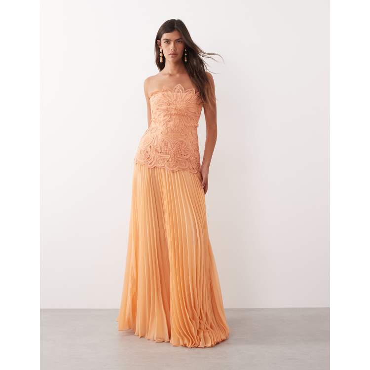 ARRANGE abstract cutwork strapless maxi dress with pleated skirt in soft  peach | ASOS