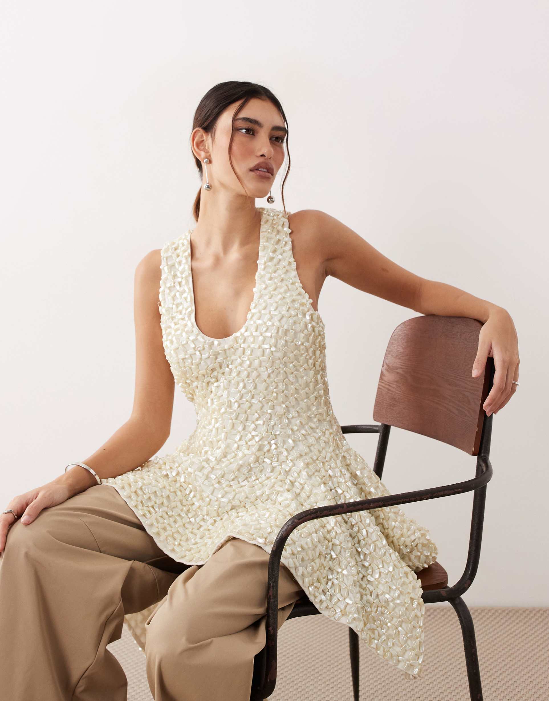 arrange all over faux pearl embellished square hem peplum top in ivory