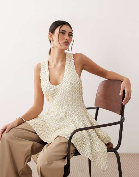 ARRANGE all over pearl embellished square hem peplum top in ivory