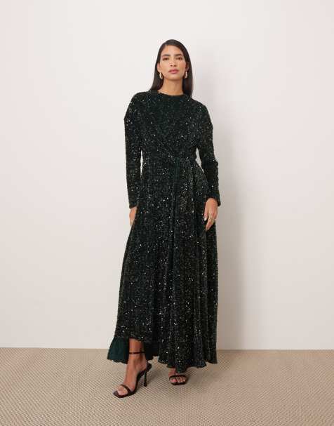 ARRANGE all over sequin long sleeve maxi dress in forest green