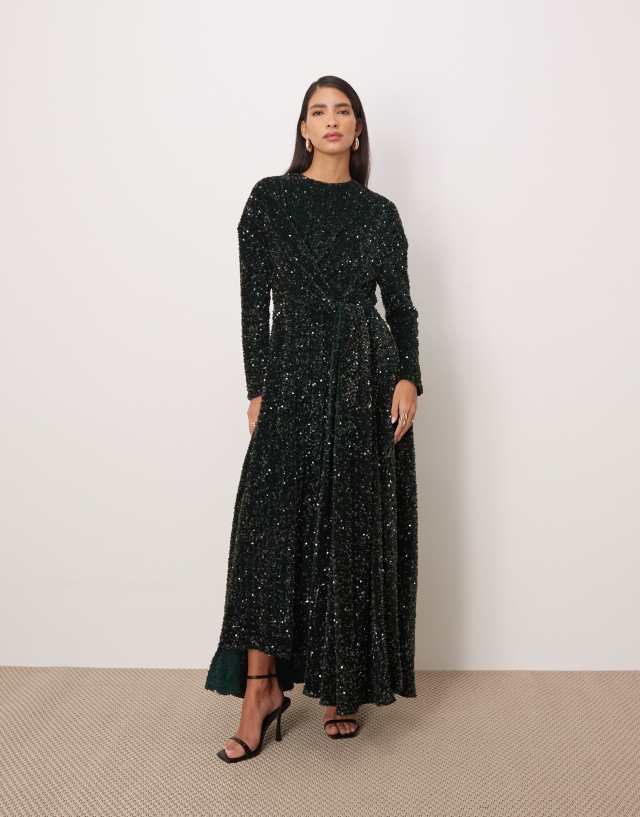 black long sleeve sequin maxi dress ARRANGE all over in forest green length design creates a Kardel_0613 La Lune Asymmetrical Gathered Color:Black Gingham