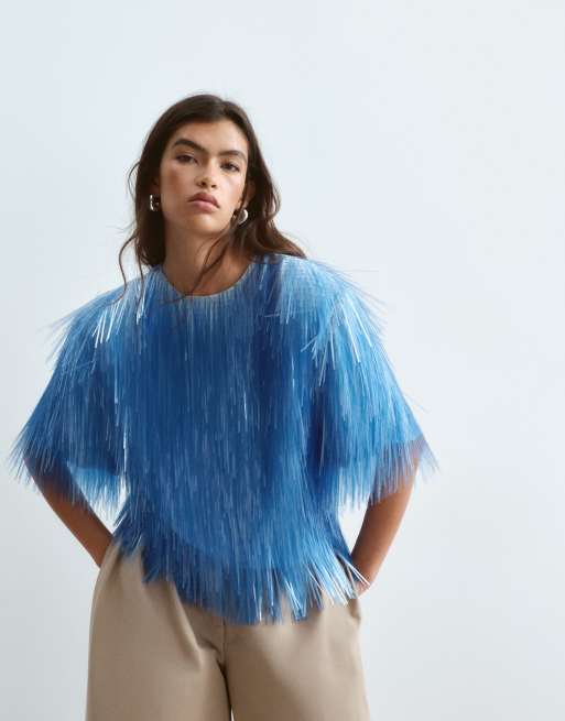 ARRANGE all over shard sequin strong shoulder t-shirt in pale blue, 2 of 5