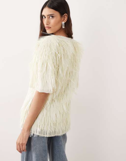 ARRANGE all over shard sequin strong shoulder t-shirt in white, 3 of 4