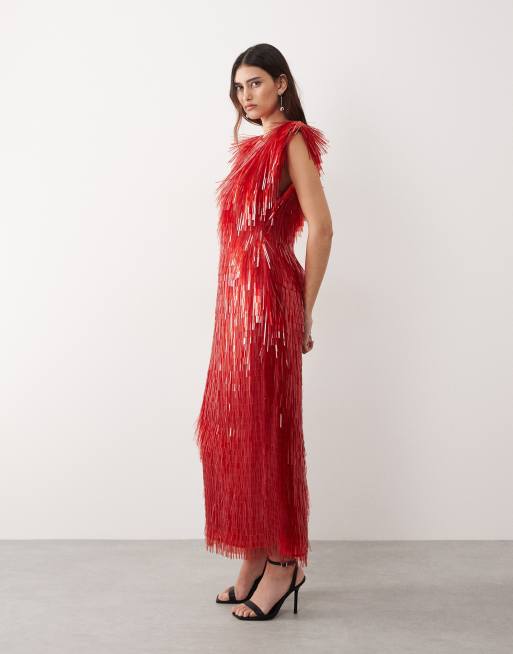 ARRANGE all over shard sequined strong shoulders midaxi dress in red, 2 of 4