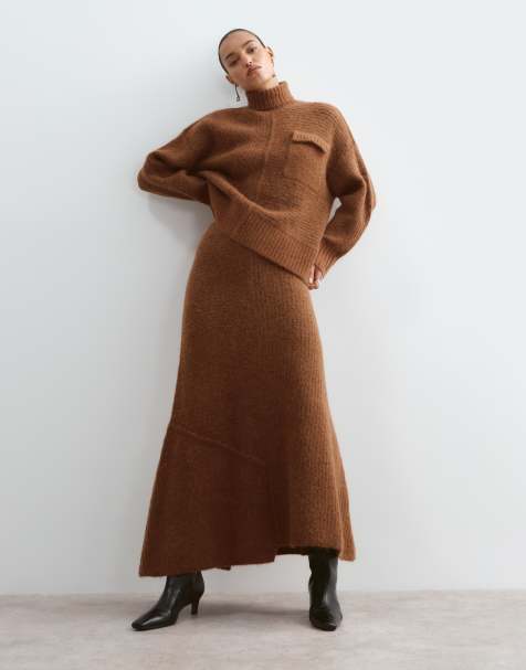 ARRANGE alpaca jumpe with pocket and knitted skirt co-ord in chocolate - view 1