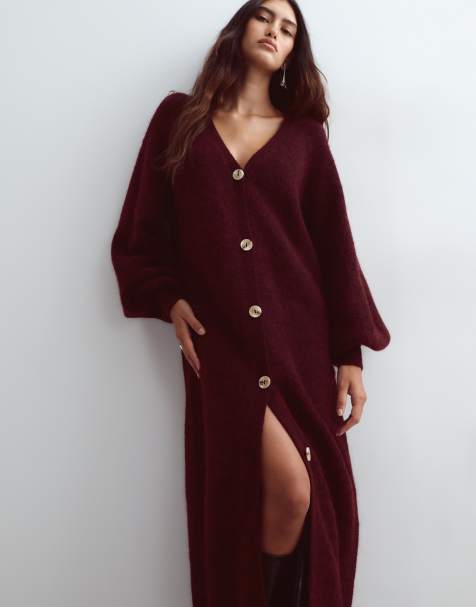 ARRANGE alpaca knit balloon sleeve button through maxi dress in burgundy - view 1
