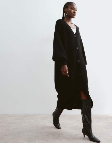 ARRANGE alpaca knit balloon sleeve button through midi dress in black - view 1