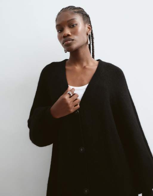 ARRANGE alpaca knit balloon sleeve button through midi dress in black, 2 of 5