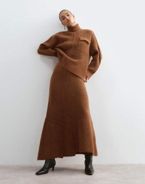 ARRANGE alpaca knitted skirt co-ord in chocolate - view 1