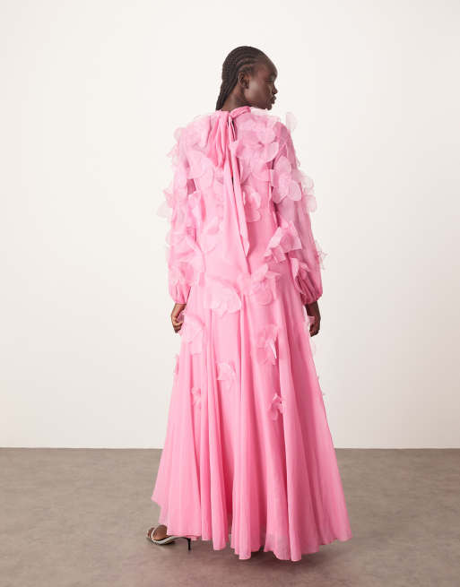 ARRANGE applique all-over floral tie neck trapeze maxi dress in pink