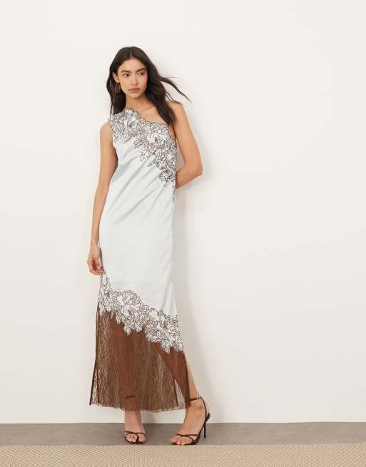 ARRANGE applique embroidered lace panelled one shoulder column maxi dress - LBLUE