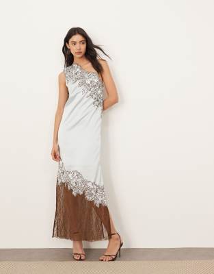 ARRANGE applique embroidered lace panelled one shoulder column maxi dress-Blue