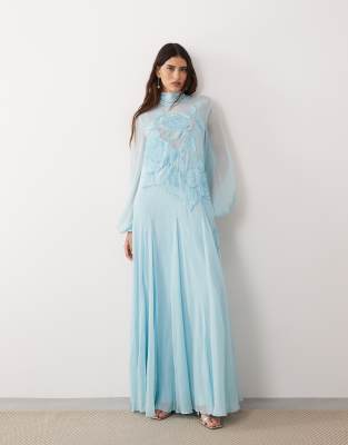ARRANGE applique floral tie neck blouson sleeve trapeze maxi dress in blue