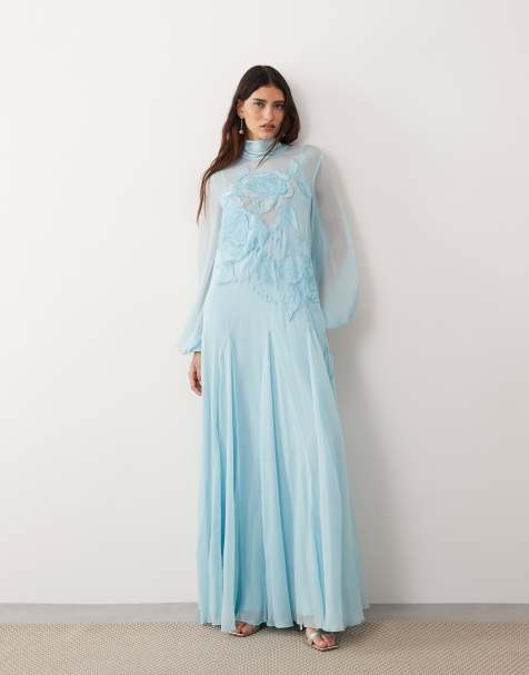ARRANGE applique floral tie neck blouson sleeve trapeze maxi dress in blue - view 1