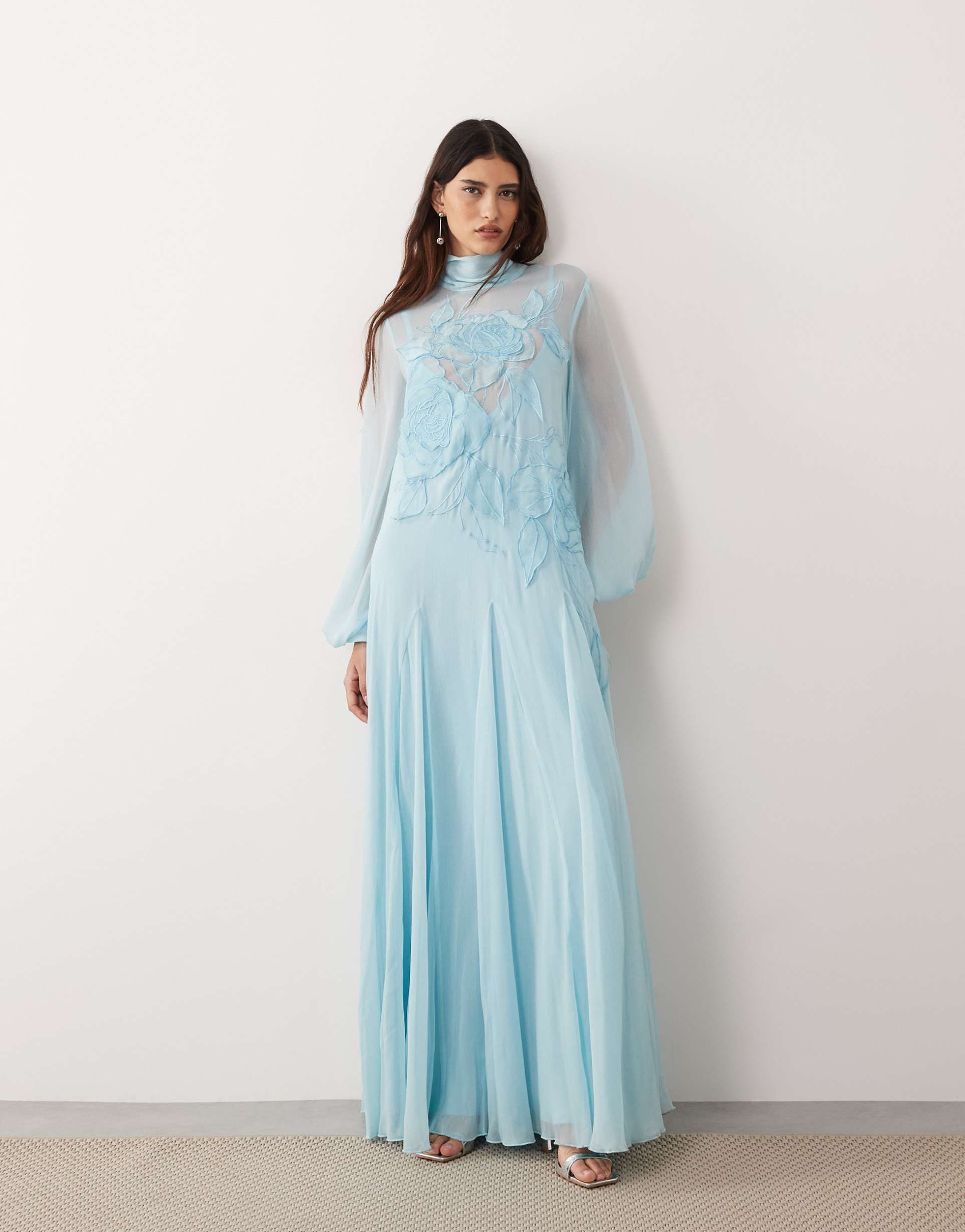 arrange applique floral tie neck blouson sleeve trapeze maxi dress in blue