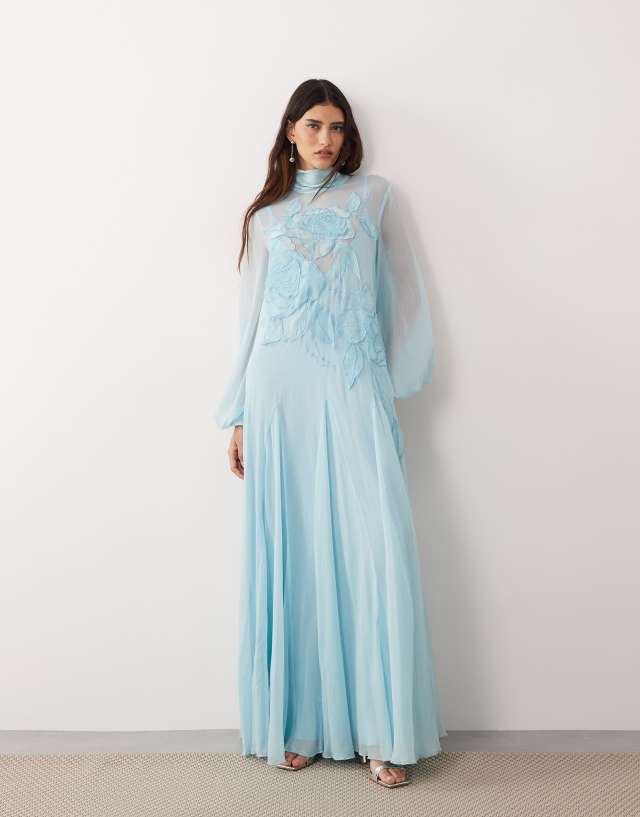 ARRANGE applique floral tie neck blouson sleeve trapeze maxi dress in blue