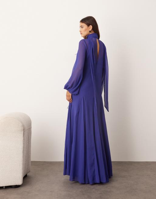 ARRANGE applique floral tie neck blouson sleeve trapeze maxi dress in cobalt blue