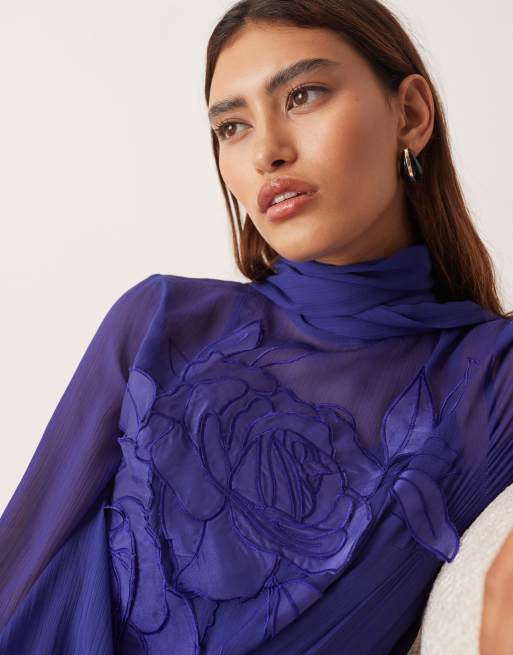ARRANGE applique floral tie neck blouson sleeve trapeze maxi dress in cobalt blue