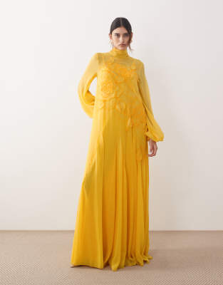 ARRANGE applique floral tie neck blouson sleeve trapeze maxi dress in marigold