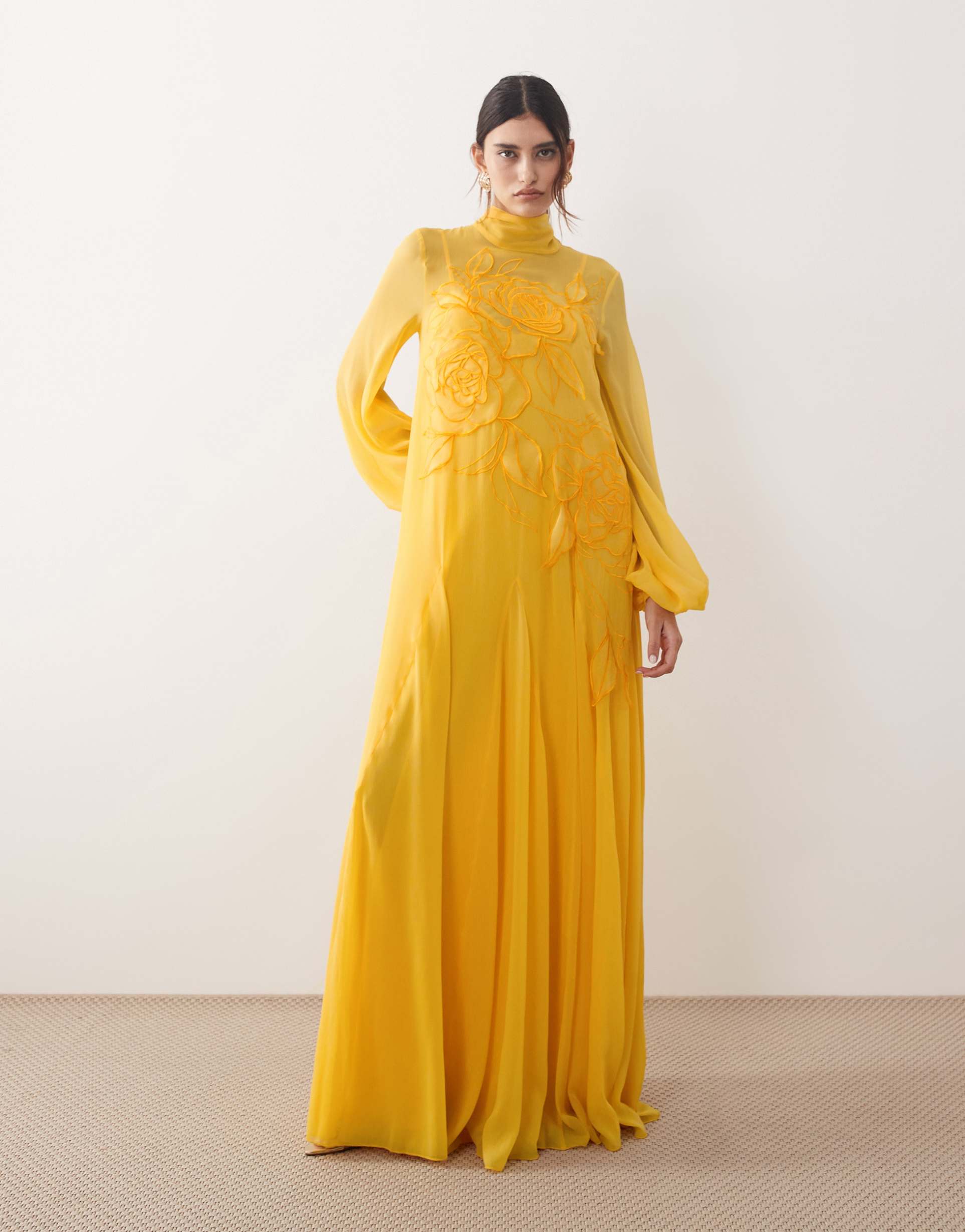 arrange appliqué floral tie neck blouson sleeve trapeze maxi dress in marigold
