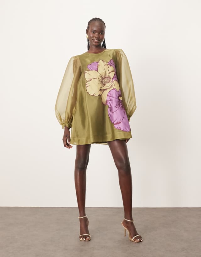 ARRANGE applique floral volume sleeve a-line mini dress in green
