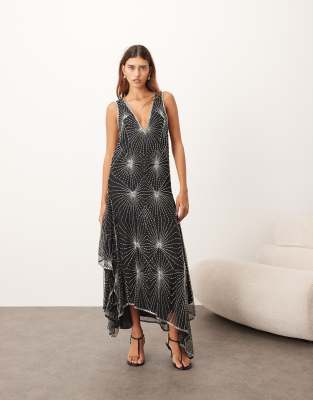 Arrange Art Deco Linear Embellished Asymmetric Midi Dress-black In Black
