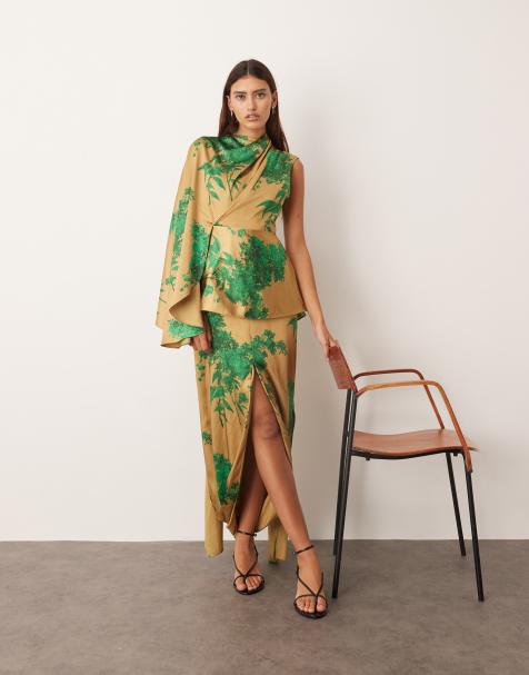 ARRANGE asymmetric cape sleeve drape panel midi dress in floral print - view 1