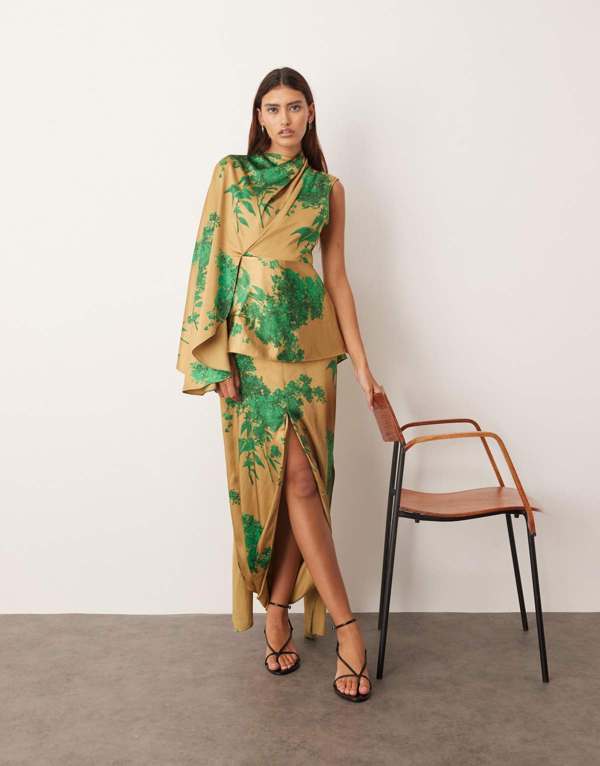 ARRANGE asymmetric cape sleeve drape panel midi dress in floral print