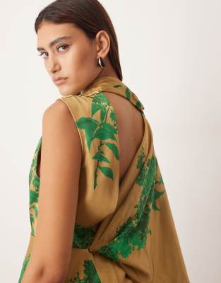 Arrange Asymmetric Cape Sleeve Drape Panel Midi Dress In Green