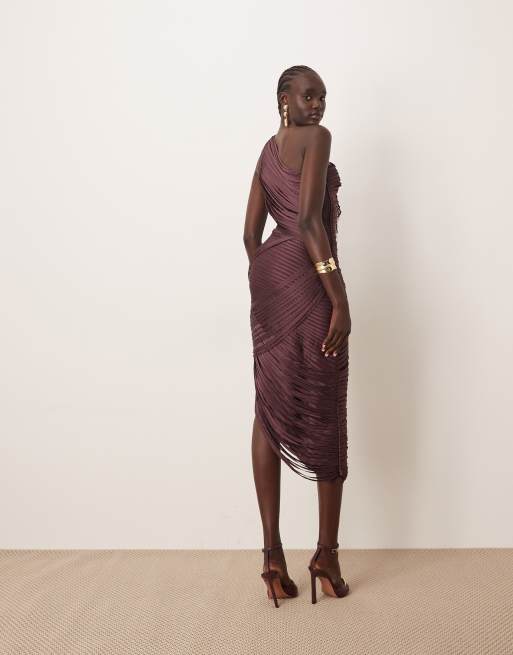 ARRANGE asymmetric draped fringe one shoulder midaxi dress in burgundy