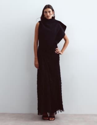 Arrange Asymmetric Neckline Hybrid Fringe Skirt Maxi Dress In Black