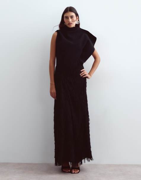 ARRANGE asymmetric neckline hybrid fringe skirt maxi dress in black - view 1
