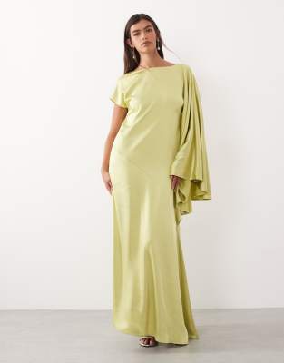 Arrange Asymmetric Sleeves Satin Maxi Dress In Yellow