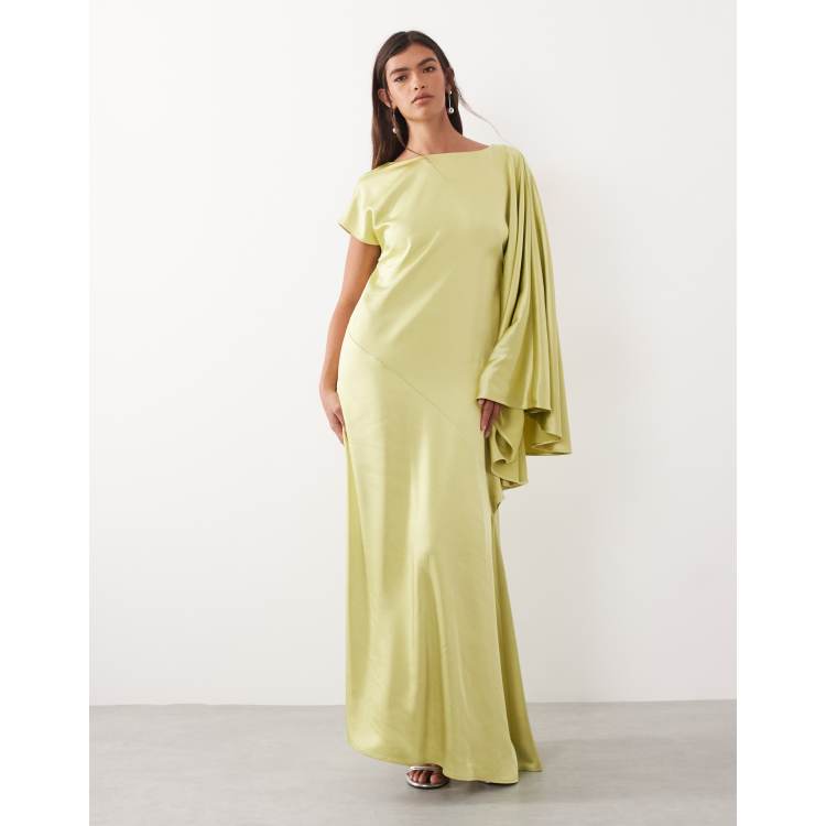 lime silk dress Lime Green Wrap Satin Dress With Flutter Sleeves
