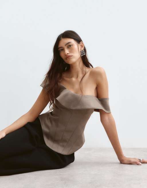ARRANGE asymmetric strap structured corset top in taupe, 5 of 5