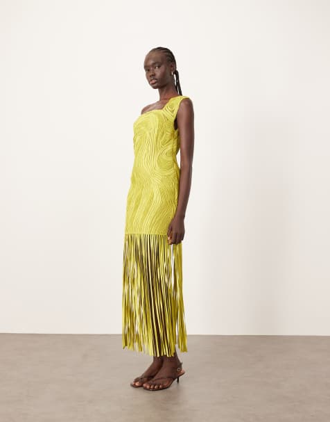 ARRANGE asymmetric tape work fringe hem mini dress in lime green - view 1