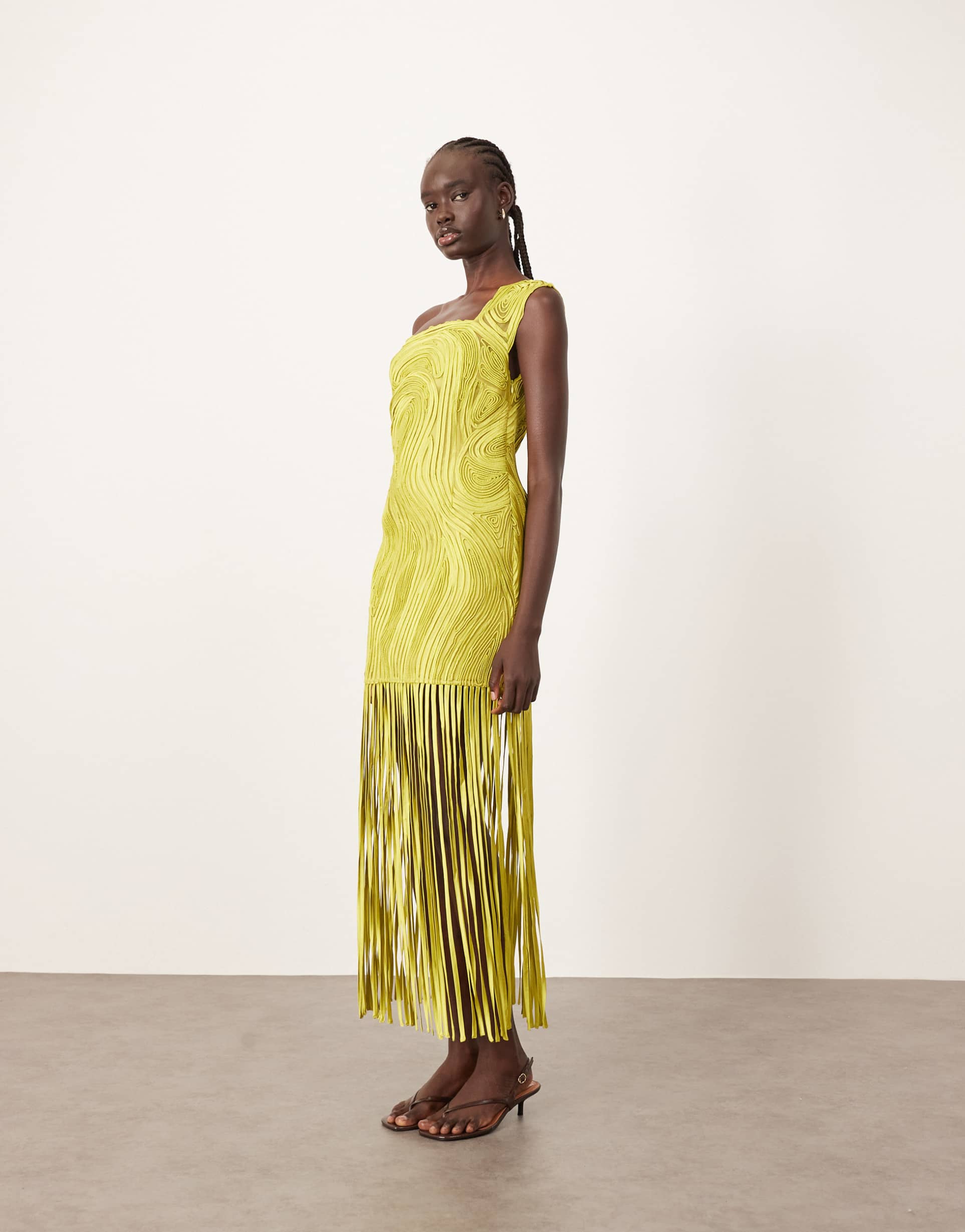 arrange asymmetric tape work fringe hem mini dress in lime green