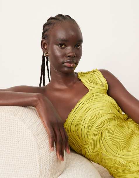 ARRANGE asymmetric tape work fringe hem mini dress in lime green - view 1