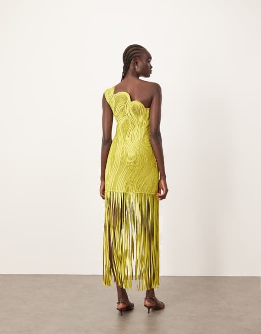 ARRANGE asymmetric tape work fringe hem mini dress in lime green, 3 of 4