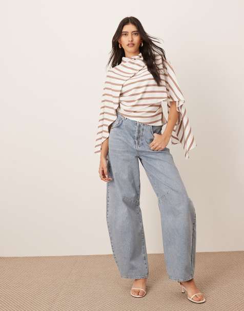 ARRANGE asymmetric top with drape neck detail in camel stripe - view 1