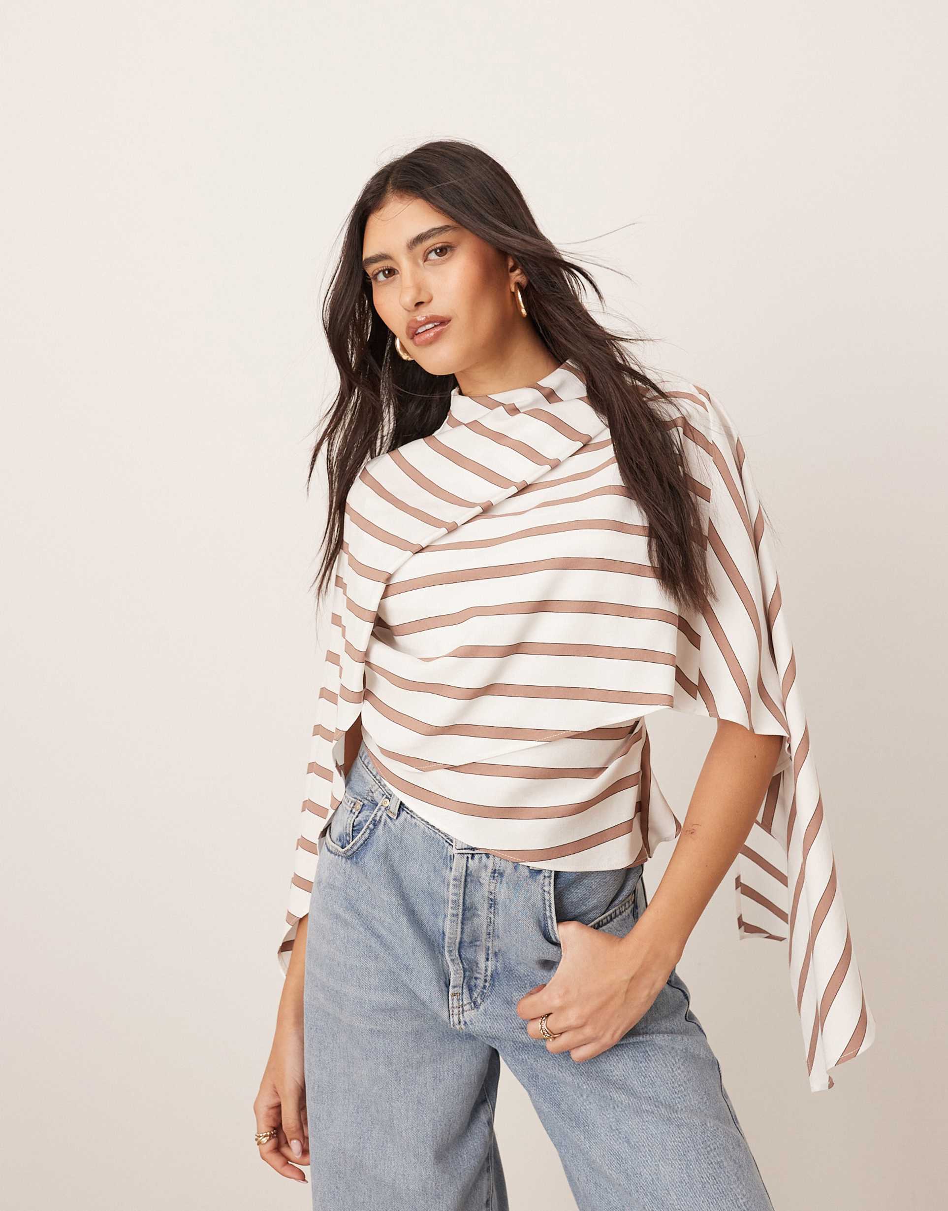 arrange asymmetric top with drape neck detail in camel stripe