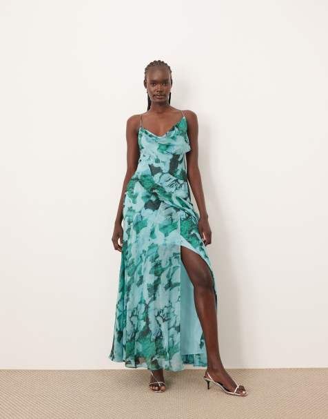 ARRANGE – Asymmetrisch drapiertes Camisole-Maxikleid aus Chiffon Blau mit abstraktem Muster - view 1