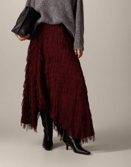 ARRANGE - Asymmetrische maxi rok met franjes en textuur in bordeauxrood, 2 van 5