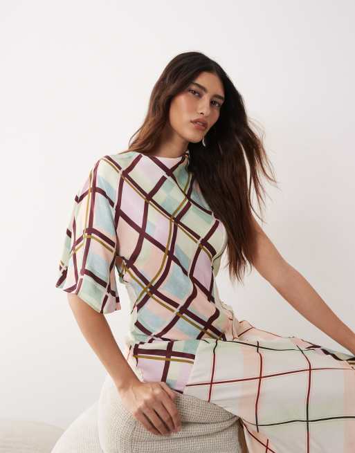 ARRANGE – Asymmetrisches Maxikleid mit mehrfarbigem Karomuster und Wasserfallausschnitt, 2 von 4