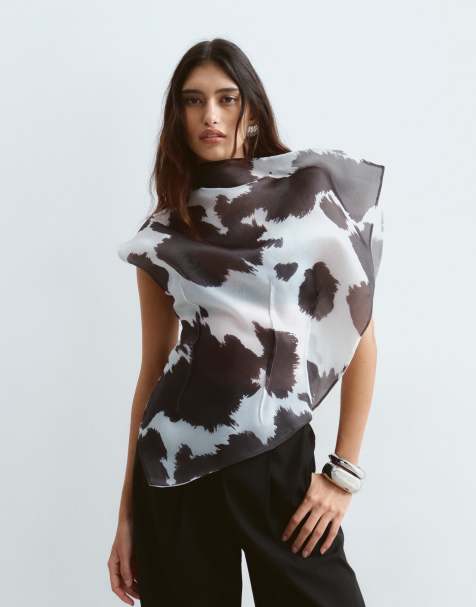 ARRANGE asymmetrisches Organza-Top mit Abnähern im Kuhmuster - view 1