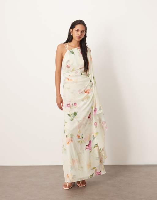 ARRANGE backless chiffon draped maxi dress in layered painterly floral