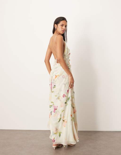 ARRANGE backless chiffon draped maxi dress in layered painterly floral
