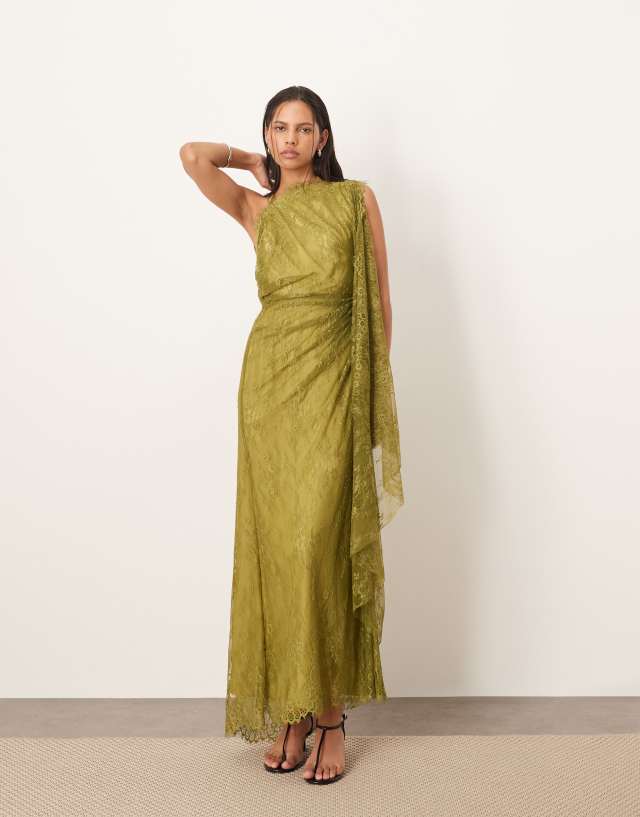 olive backless dress ARRANGE lace draped maxi with scallop trim in Beach Wedding Dress The 2000s Fashion Trends Size:US6 100% Polyester